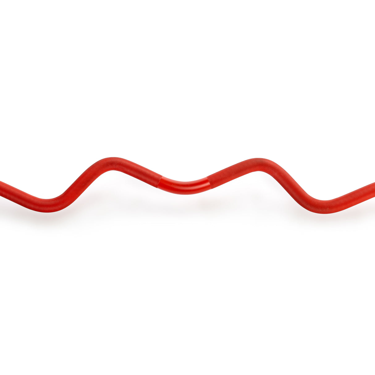 A red, wavy line on a white background mimics the dynamic energy of the 100% RAW Competition Curl Bar by Bells of Steel.