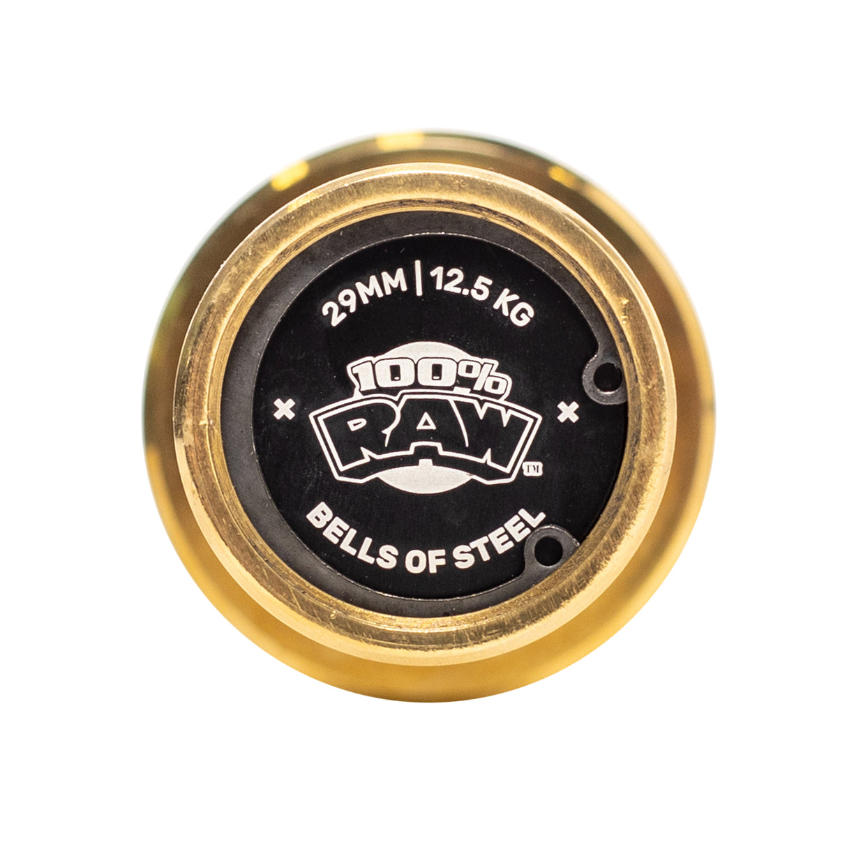 Close-up of a barbell endcap with "29 MM | 12.5 KG," "100% RAW," and "Bells of Steel" on black, brass-rimmed, matching the precision of the Bells of Steel 100% RAW Competition Curl Bar.