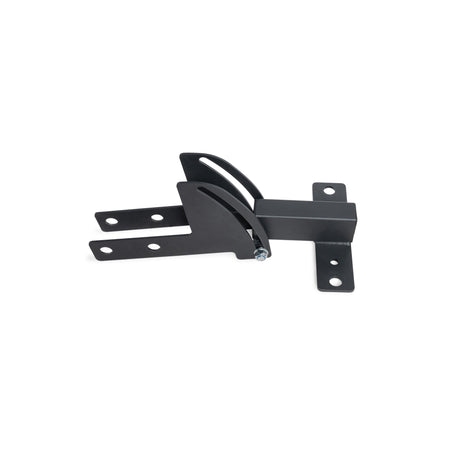 The Bells of Steel 3x3 Cable Tower to Rack Connection Kit features a black metal bracket with four flat, pre-drilled arms and a central hinge—perfect for securely joining your cable tower to a rack. Shown on a white background.