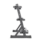 Side view of the Bells of Steel Residential Dumbbell Rack, a three-level black metal rack perfect for home gyms. Its sturdy A-frame design has multiple assembly holes and displays a minimalist industrial style against a plain white background, ready to organize hex dumbbells.