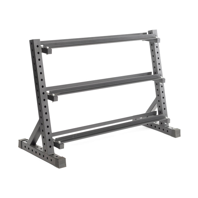 The Bells of Steel Residential Dumbbell Rack boasts three shelves for hex dumbbells, ideal for home gyms. Its angled frame includes side perforations for adjustable settings, and a reinforced stable base enhances durability.