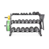 The Bells of Steel Residential Dumbbell Rack efficiently organizes your home gym with hex dumbbells on two shelves, vibrant weight plates to the left, and convenient spaces for kart wheels and accessories.