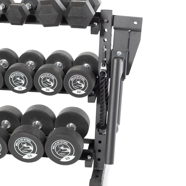 A close-up of the Residential Dumbbell Rack by Bells of Steel, showcasing various sizes of black rubber-coated hex dumbbells. This essential home gym equipment has a sleek black handle on the side.