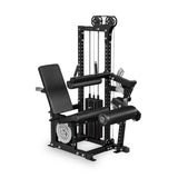 The Bells of Steel Basilisk Stack Loaded Leg Extension / Leg Curl is a black, multi-functional gym machine with a padded seat, adjustable backrest, pulleys, and a 310 lb weight stack for leg and arm workouts.