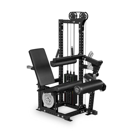 The Bells of Steel Basilisk Stack Loaded Leg Extension / Leg Curl is a black, multi-functional gym machine with a padded seat, adjustable backrest, pulleys, and a 310 lb weight stack for leg and arm workouts.