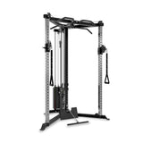 The Bells of Steel All-in-One Trainer is a versatile strength machine with adjustable pulleys, weight stacks, pull-up bars, and multiple attachments—ideal for home gyms—shown against a white background.