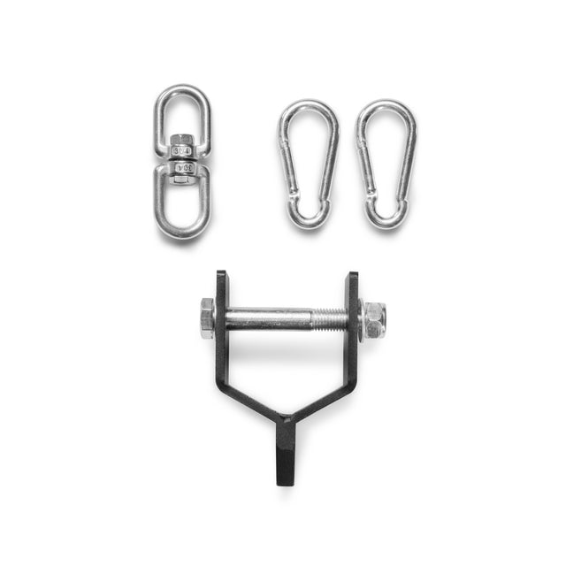 The Bells of Steel Utility Shackle Rack Attachment is shown neatly arranged on a white background, featuring metal hardware components including a swivel connector, two carabiner clips, and a U-shaped bracket with bolts—ideal for use as a power rack accessory or utility shackle rack attachment.