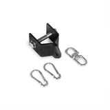 The Bells of Steel Utility Shackle Rack Attachment is a black metal ceiling mount bracket featuring a bolt, nut, and attachment hole for versatile integration with your power rack. This product includes two silver carabiners and two swivel connectors, making it an ideal addition to any home gym equipment setup. Presented on a white background.