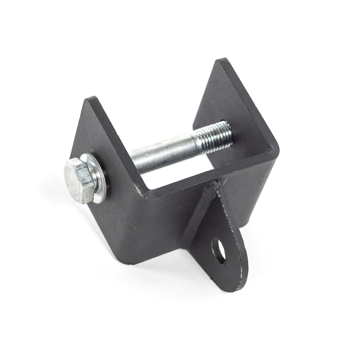 The Bells of Steel Utility Shackle Rack Attachment is a U-shaped metal bracket with a bolt and screw hole at the base, ideal for securing components. It features a matte black finish suited for organizing your home gym.