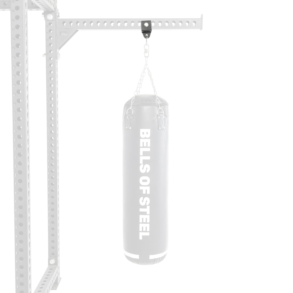 A "Bells of Steel" Utility Shackle Rack Attachment securely holds a gray punching bag in your home gym, with perforated beams and chains connected to a durable black hook for ideal support.