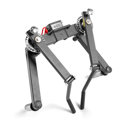 The Bells of Steel Shoulder Boulder/Chest Fly Attachment is a black mechanical device with adjustable arms and knobs, ideal for chest fly exercises to build the Shoulder Boulder look.