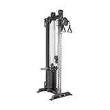 The Bells of Steel Oblivyon Tower – 3" x 3" Cable Tower features black and silver adjustable pulleys, a weight stack, and handles, perfect for strength training or pairing with a squat rack or home gym setup.