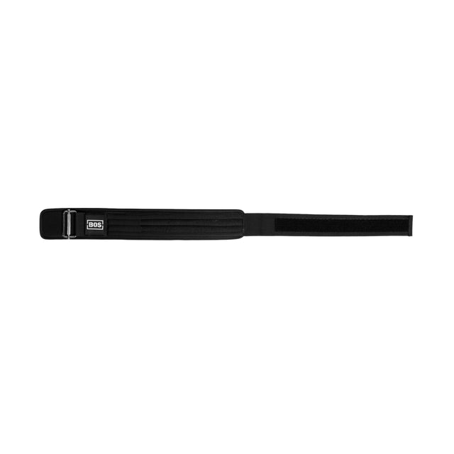 The Bells of Steel Self Locking Belt, a black weightlifting belt with a metal buckle and Velcro strap for back support, is laid out flat on a white background.