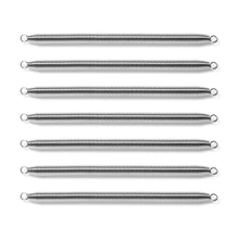 Eight identical Bells of Steel Chest Expander Replacement Springs are arranged in parallel, evenly spaced rows on a white background. Each spring features a small loop at both ends, perfect for replacing springs in your chest expander.
