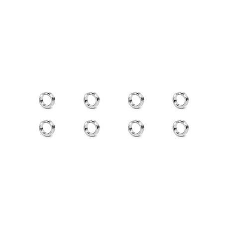 Eight Hydra Hardware washers by Bells of Steel, silver and small, ideal for concrete anchor bolts or rack attachment pins, are arranged in two rows of four on a white background.