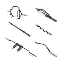 The Bells of Steel Specialty Bar Bundle features six specialty barbells—open trap bar, Swiss bar, straight bar, EZ curl bar, safety squat bar, and cambered bar—arranged on a white background.