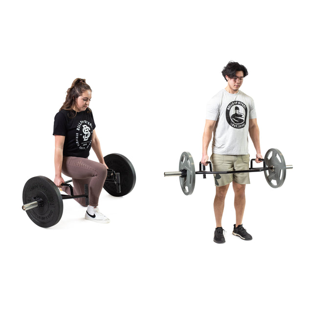 A woman squats to lift the Bells of Steel Specialty Bar Bundle, while a man stands holding it at his sides. Both in athletic wear, they demonstrate strength training with this versatile specialty barbell bundle.