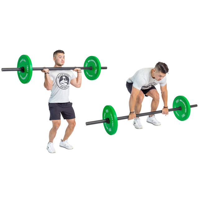 A man in athletic wear shows two lifts with the Bells of Steel Specialty Bar Bundle: holding the barbell at shoulder height and getting ready to lift it from the ground, both using green weight plates.
