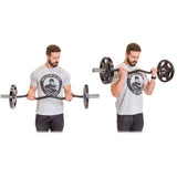 A man in a gray Bells of Steel shirt demonstrates a barbell bicep curl, lifting the Specialty Bar Bundle from his thighs up to his chest.