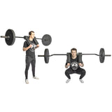 A man demonstrates a barbell squat using the Bells of Steel Specialty Bar Bundle with a padded shoulder attachment, starting from standing to squatting, all against a white background.