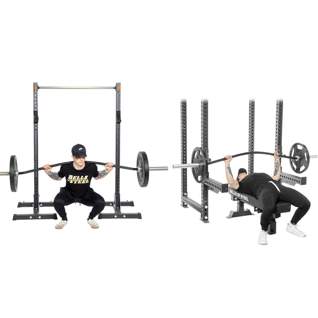 On the left, a person uses the Bells of Steel Specialty Bar Bundle to squat with weight plates and a power rack; on the right, they bench press using the same bundle.