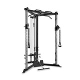 The Bells of Steel All-in-One Trainer is a versatile home gym and functional trainer with adjustable pulleys, pull-up bars, a squat stand, and multiple cable attachments for diverse strength training exercises.