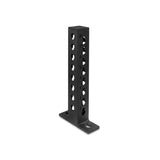 The Bells of Steel Rack Junctions - 3" x 3" is a black metal upright bracket with multiple numbered holes and two mounting bases, ideal for customizable rack connections or adjustable attachments in your home gym.
