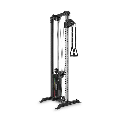 The Bells of Steel Cable Tower features adjustable pulleys, a weight stack, handles, and a sturdy black and silver base—ideal for strength training in any home gym or workout space.