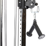 Close-up of the Bells of Steel "Fat Bar - Tricep Pressdown" gym machine, highlighting its metal construction with pulleys, cables, and two black rubber handles connected by hooks. Designed to enhance grip strength, it features an industrial, robust design with a perforated frame that allows for adjustable settings ideal for tricep pushdowns.