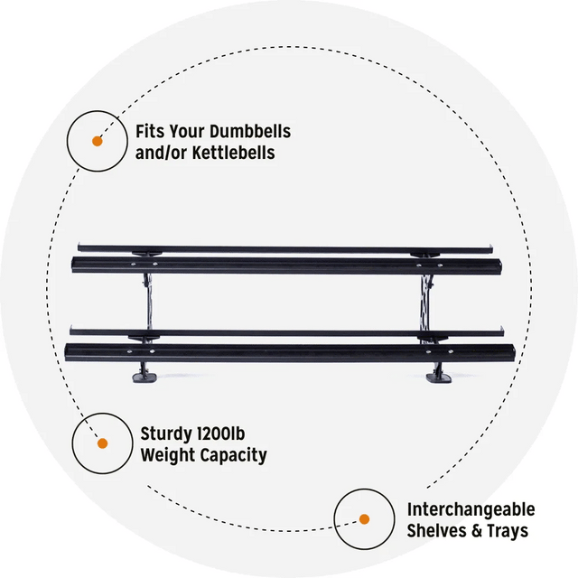 The Bells of Steel Commercial Interchangeable Weight Rack - Components Only is a versatile rack with two levels that can accommodate competition kettlebells or commercial urethane dumbbells. It includes swappable storage shelves and labels, emphasizing its impressive weight capacity of 1200 lbs.