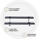The Bells of Steel Commercial Interchangeable Weight Rack - Components Only is a black, three-tier rack with labeled features, sturdy 1200 lb capacity, fits competition kettlebells or urethane dumbbells, and offers interchangeable shelves/trays for home gyms.