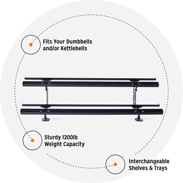 The Bells of Steel Commercial Interchangeable Weight Rack - Components Only is a black, three-tier rack with labeled features, sturdy 1200 lb capacity, fits competition kettlebells or urethane dumbbells, and offers interchangeable shelves/trays for home gyms.