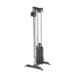 The Bells of Steel Cable Tower features adjustable pulleys, a weight stack, and a metallic frame with multiple height settings and two wide, stable feet—ideal for versatile strength training.