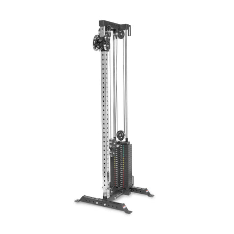 The Bells of Steel Cable Tower features adjustable pulleys, a weight stack, and a metallic frame with multiple height settings and two wide, stable feet—ideal for versatile strength training.