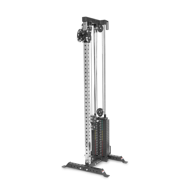 The Bells of Steel Cable Tower features adjustable pulleys, a weight stack, and a metallic frame with multiple height settings and two wide, stable feet—ideal for versatile strength training.