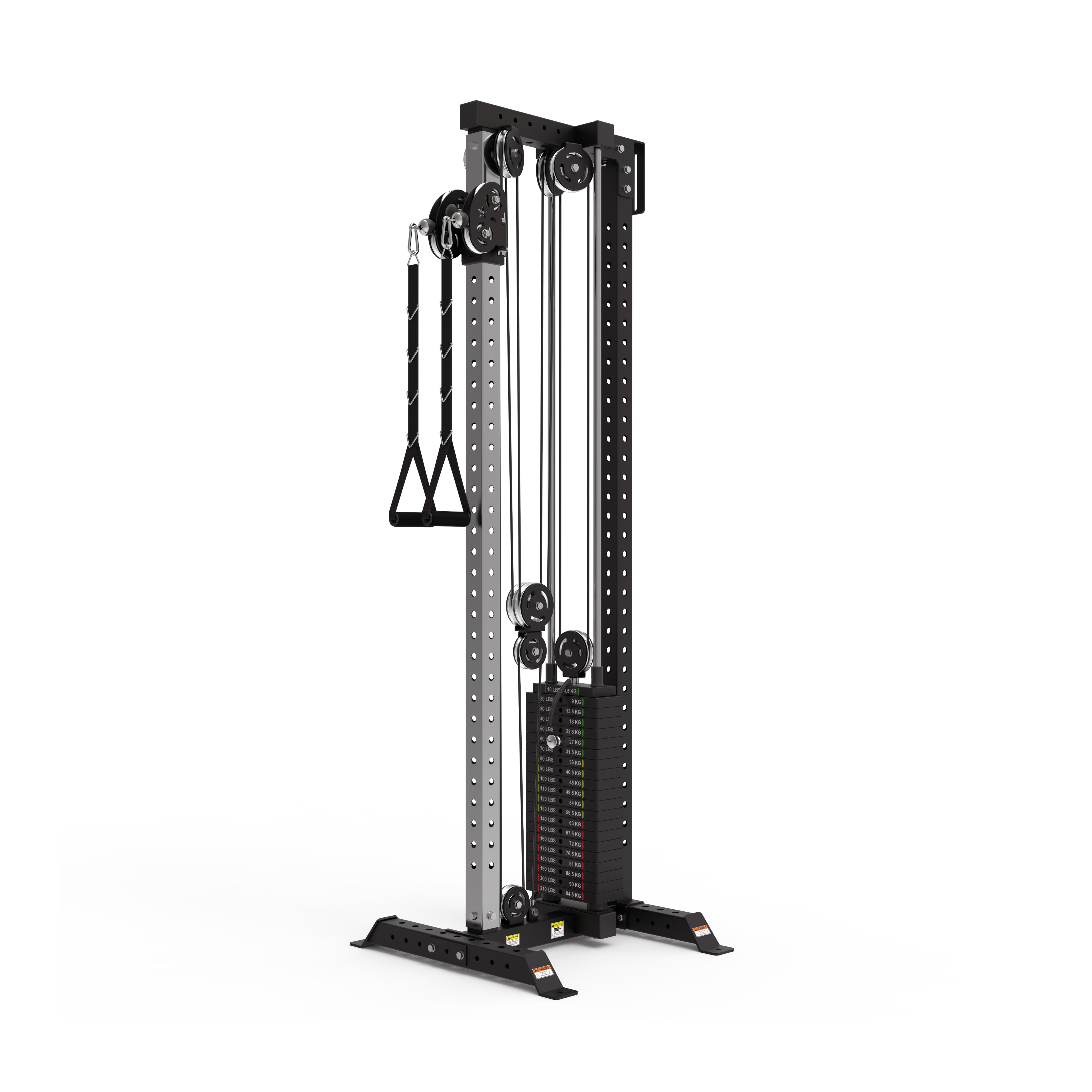 Introducing the Bells of Steel Cable Tower, a sleek black machine equipped with adjustable pulleys and a weight stack. This robust equipment includes two handles, providing versatility and performance for various cable exercises in every workout routine.