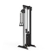 The Bells of Steel Cable Tower features adjustable pulleys, a weight stack, and two triangle handles in black and silver, designed for versatile cable machine exercises and strength training routines.