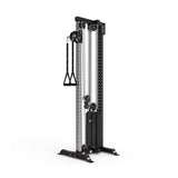The Bells of Steel Cable Tower features adjustable pulleys, a weight stack, and two triangle handles in black and silver, designed for versatile cable machine exercises and strength training routines.