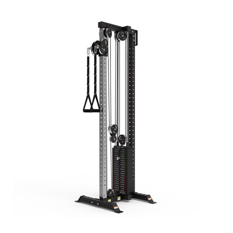The Bells of Steel Cable Tower features adjustable pulleys, a weight stack, and two triangle handles in black and silver, designed for versatile cable machine exercises and strength training routines.