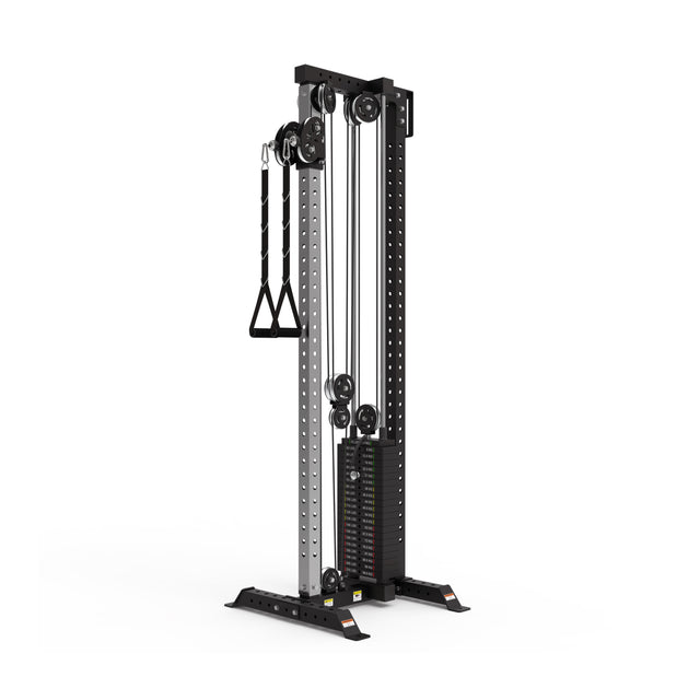 The Bells of Steel Cable Tower features adjustable pulleys, a weight stack, and two triangle handles in black and silver, designed for versatile cable machine exercises and strength training routines.