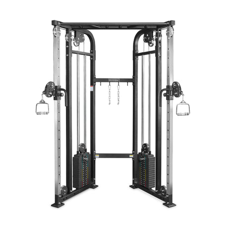 The Bells of Steel Functional Trainer features adjustable pulleys, weight stacks, and handles for versatile strength training. Its black and silver frame includes visible cables and attachments, making it ideal for gym workouts.