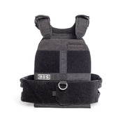 The Bells of Steel Weighted Vest, designed for protection or utility, features adjustable black shoulder straps and waistbands with a "3" patch and front metal loop. It can hold training plates to enhance fitness routines.