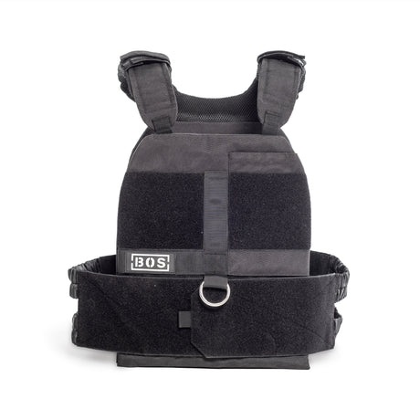 The Bells of Steel Canada Weighted Vest and Plates features a black design with adjustable shoulder straps, a front panel with "BOS," metal D-ring at the center, and hook-and-loop fastenings on the sides for a secure fit. It's designed to accommodate weight vest plates.