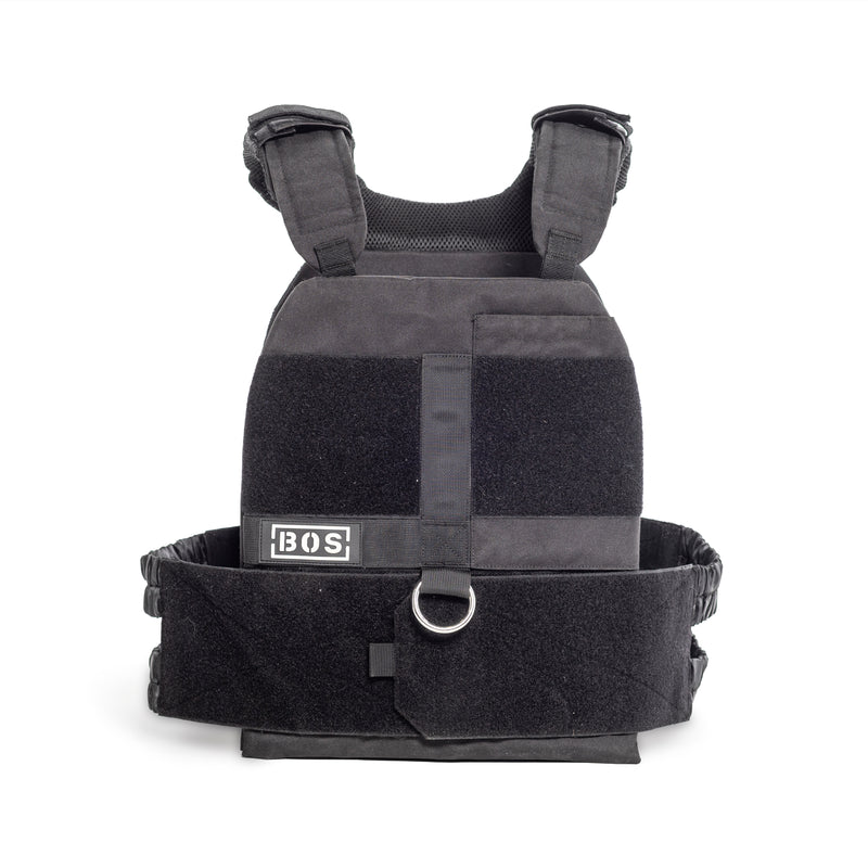The Bells of Steel Weighted Vest and Plates features padded shoulder straps, hook-and-loop fasteners, a front metal D-ring, and an adjustable fit—making it an ideal black tactical workout accessory for protective or utility use.