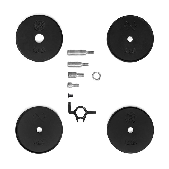 Four black 2 kg weight plates, four metal bolts, a nut, and a black tool from the Bells of Steel 48KG Extension Kit for Adjustable Kettlebell (Wildman Poison Pill) are arranged symmetrically on a white background.