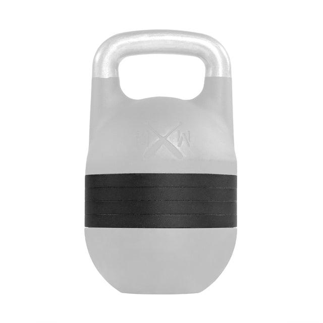 The Mark Wildman Adjustable Kettlebell by Bells of Steel features a gray body, metallic handle, and stackable black weight plates around the center, displayed against a white background.