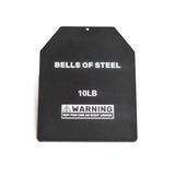 A black rectangular 10 lb weight plate for a weighted vest, named "Weighted Vest and Plates" by Bells of Steel Canada, has "BELLS OF STEEL" at the top and includes a mounting hole. A warning reads: "NOT FOR USE AS BODY ARMOR.