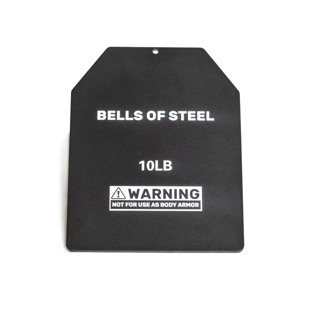 A black rectangular 10 lb weight plate for a weighted vest, named "Weighted Vest and Plates" by Bells of Steel Canada, has "BELLS OF STEEL" at the top and includes a mounting hole. A warning reads: "NOT FOR USE AS BODY ARMOR.