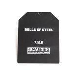 The 7.5LB black rectangular weight plate by Bells of Steel Canada, featuring a triangular notch, carries a warning: "NOT FOR USE AS BODY ARMOR" and is perfect for increased resistance when added to your weighted vest during workouts.