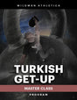 A man performs a Turkish get-up with a kettlebell overhead. The text reads "Turkish Get Up - By Mark Wildman (Digital Product) by Bells of Steel" with large kettlebells in the background.